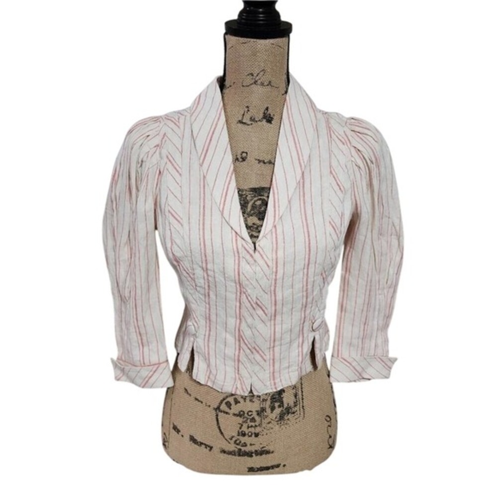 Love Sam pink and white linen blend puffed sleeve cropped Victorian vibes blazer